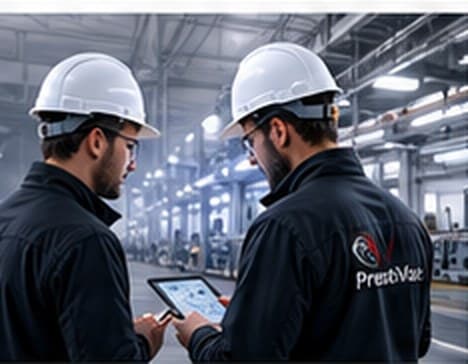 PrestiVac technical team reviewing a vacuum specification on a tablet