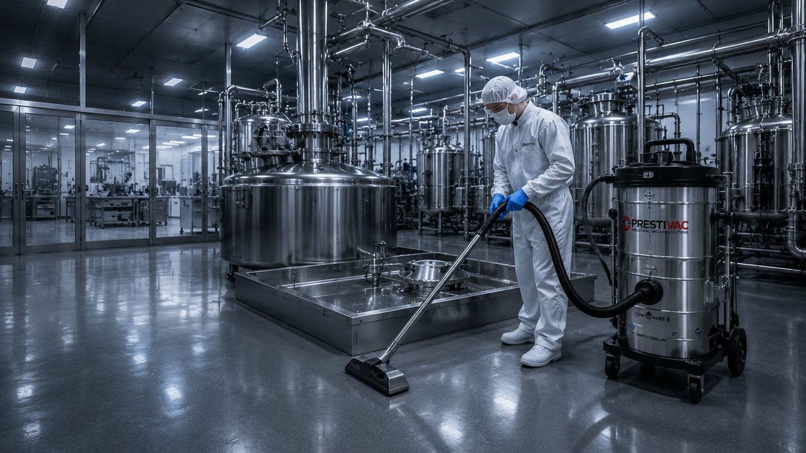 Operator vacuuming a pharmaceutical processing area with a stainless PrestiVac unit