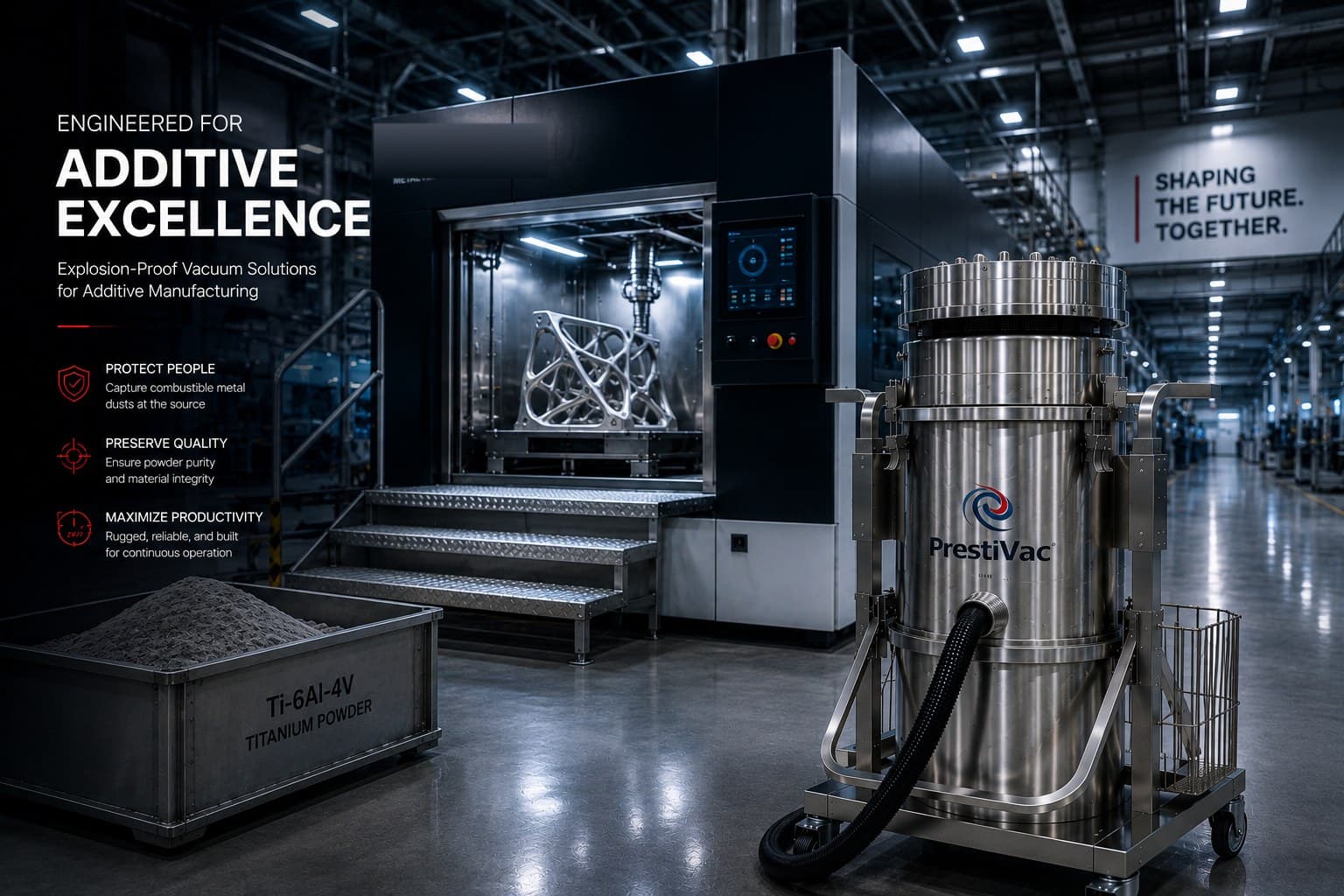 PrestiVac stainless unit beside a metal AM system and titanium powder — engineered for additive excellence