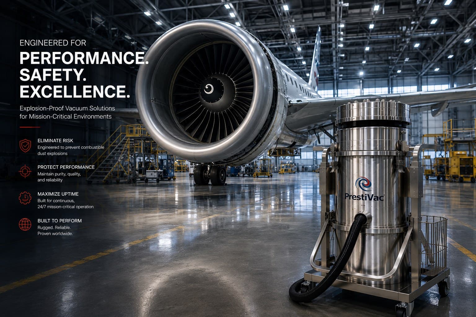 PrestiVac stainless unit beside a turbofan engine — engineered for performance, safety, excellence