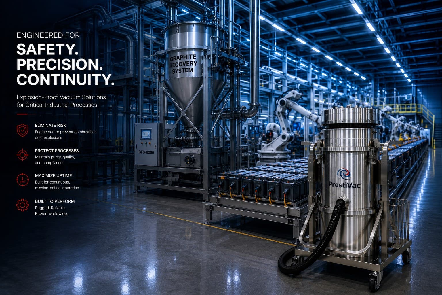 PrestiVac stainless unit beside a graphite recovery system — engineered for safety, precision, continuity