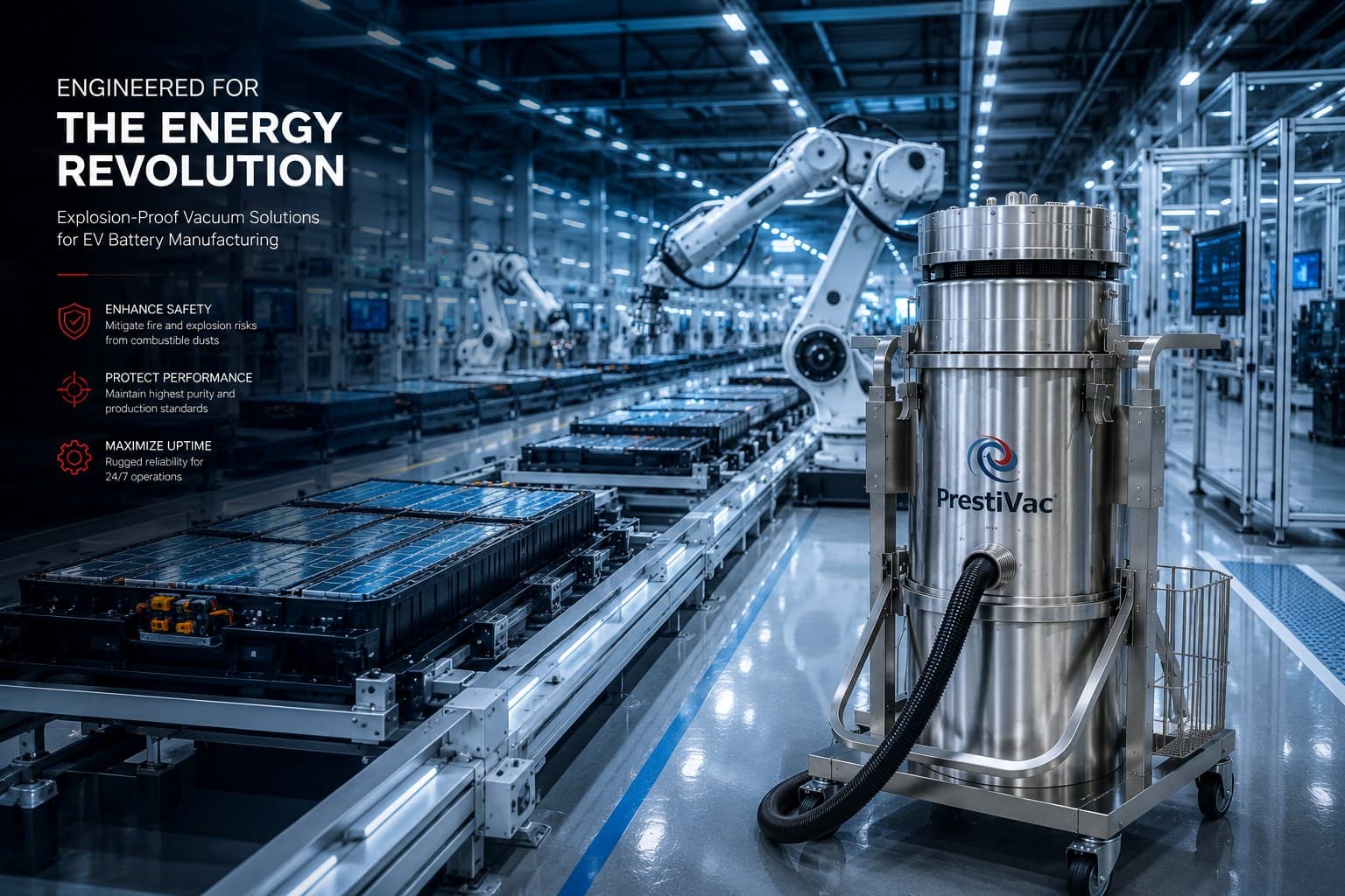 PrestiVac stainless unit on an EV battery line — engineered for the energy revolution