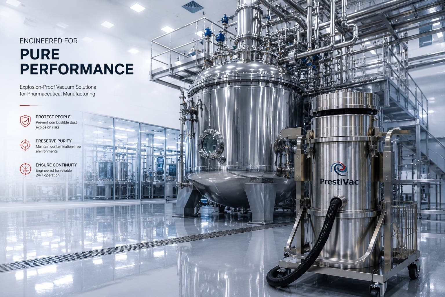 PrestiVac stainless unit in a pharmaceutical suite — engineered for pure performance