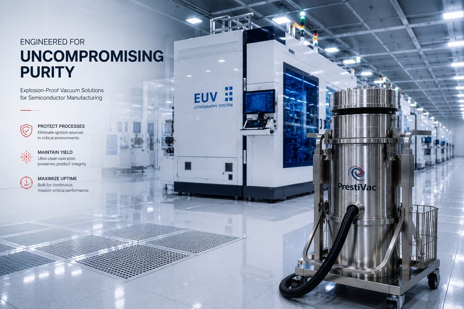 PrestiVac stainless unit beside EUV lithography equipment — engineered for uncompromising purity