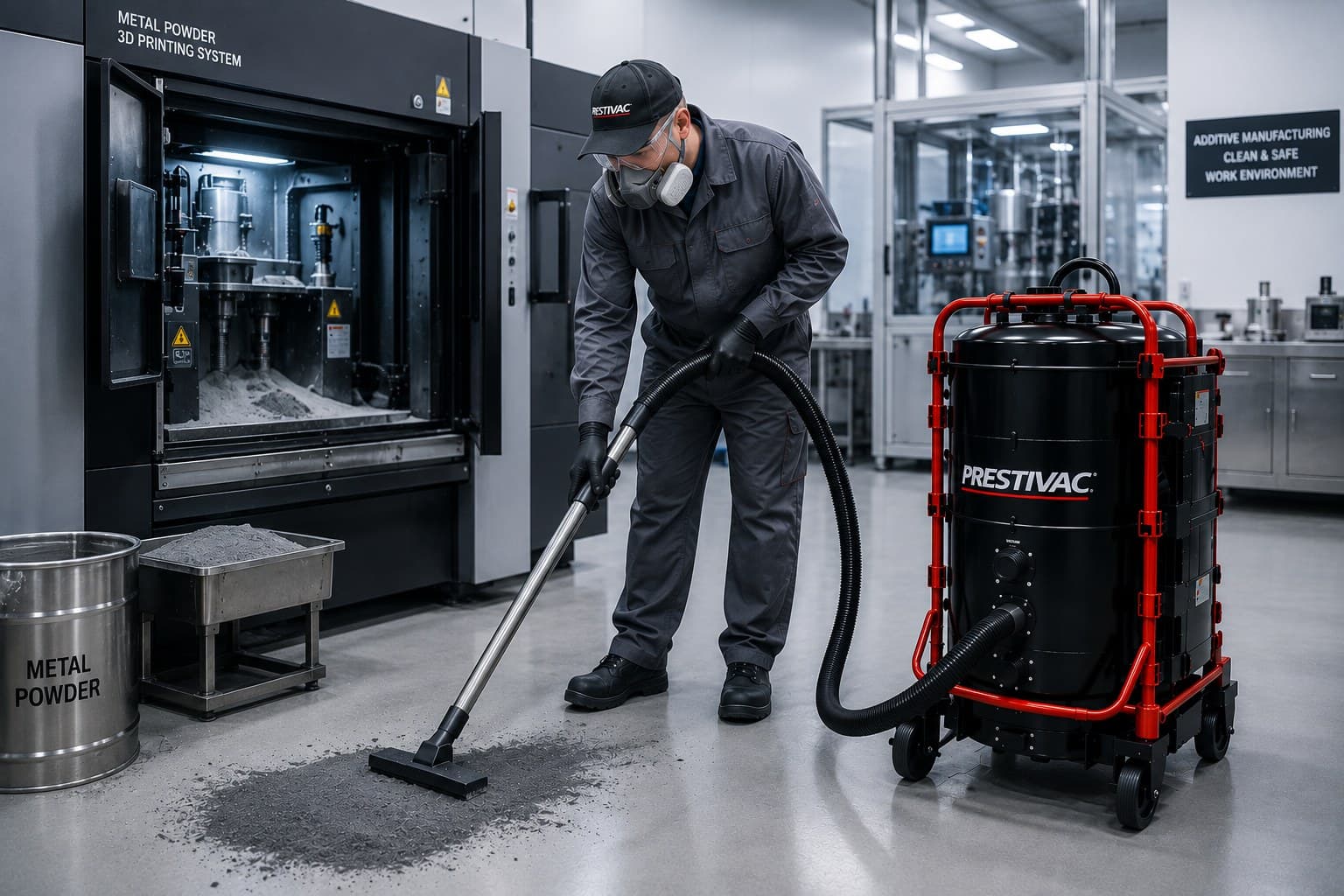 Vacuum nozzle recovering fine white powder from a shop floor