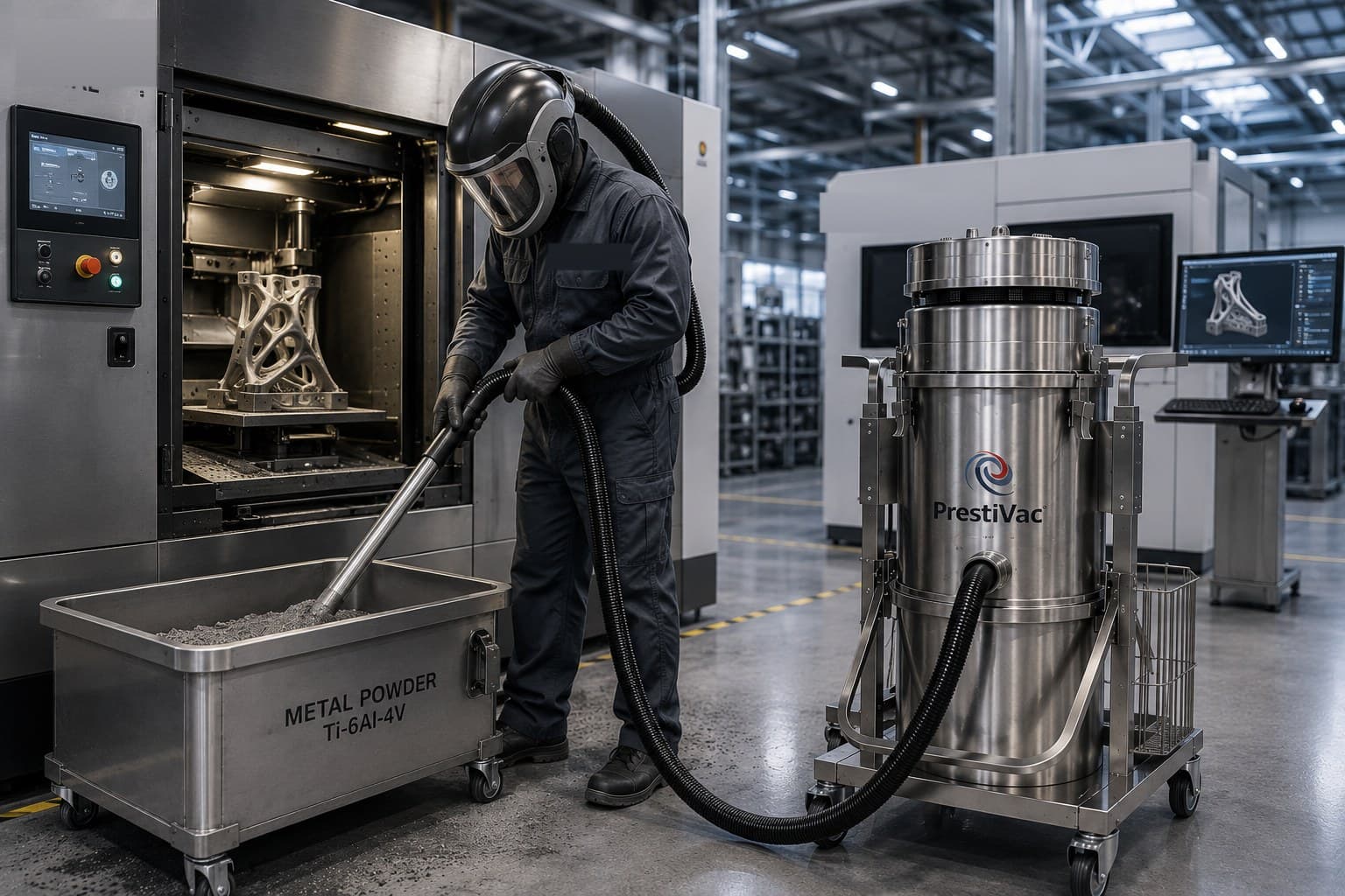 Operator with supplied-air protection recovering titanium alloy powder at a metal 3D printer
