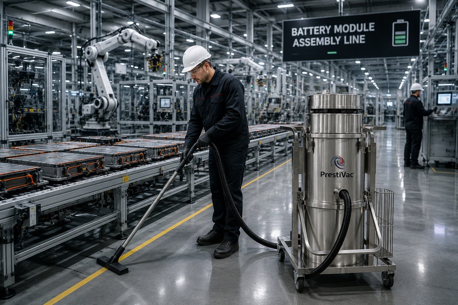 Operator vacuuming graphite dust on a battery production line