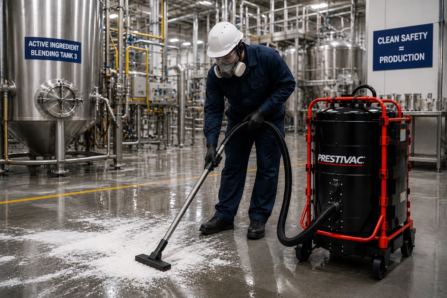 Operator vacuuming a blending vessel clean between batches