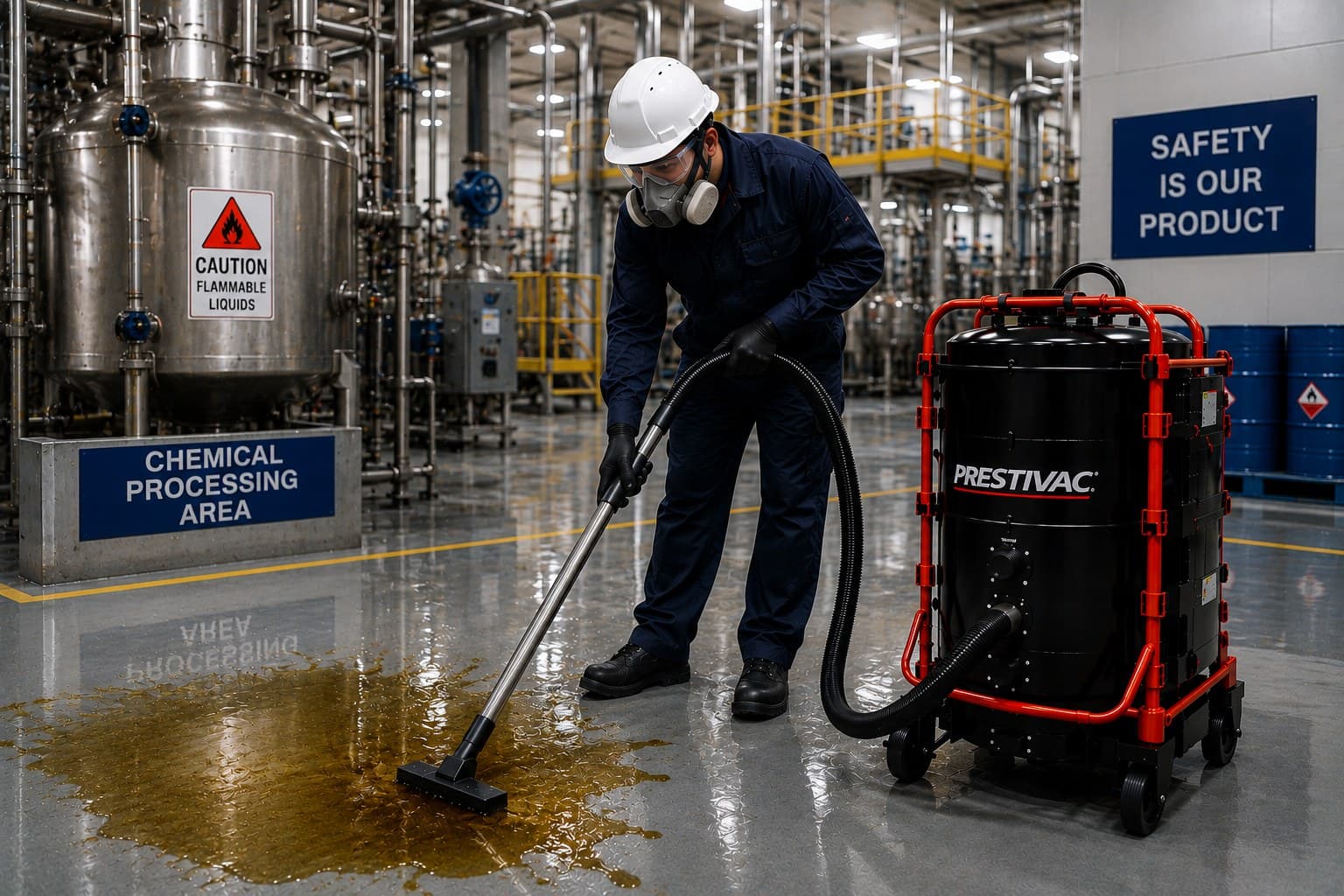 Operator recovering a liquid spill in a chemical processing area