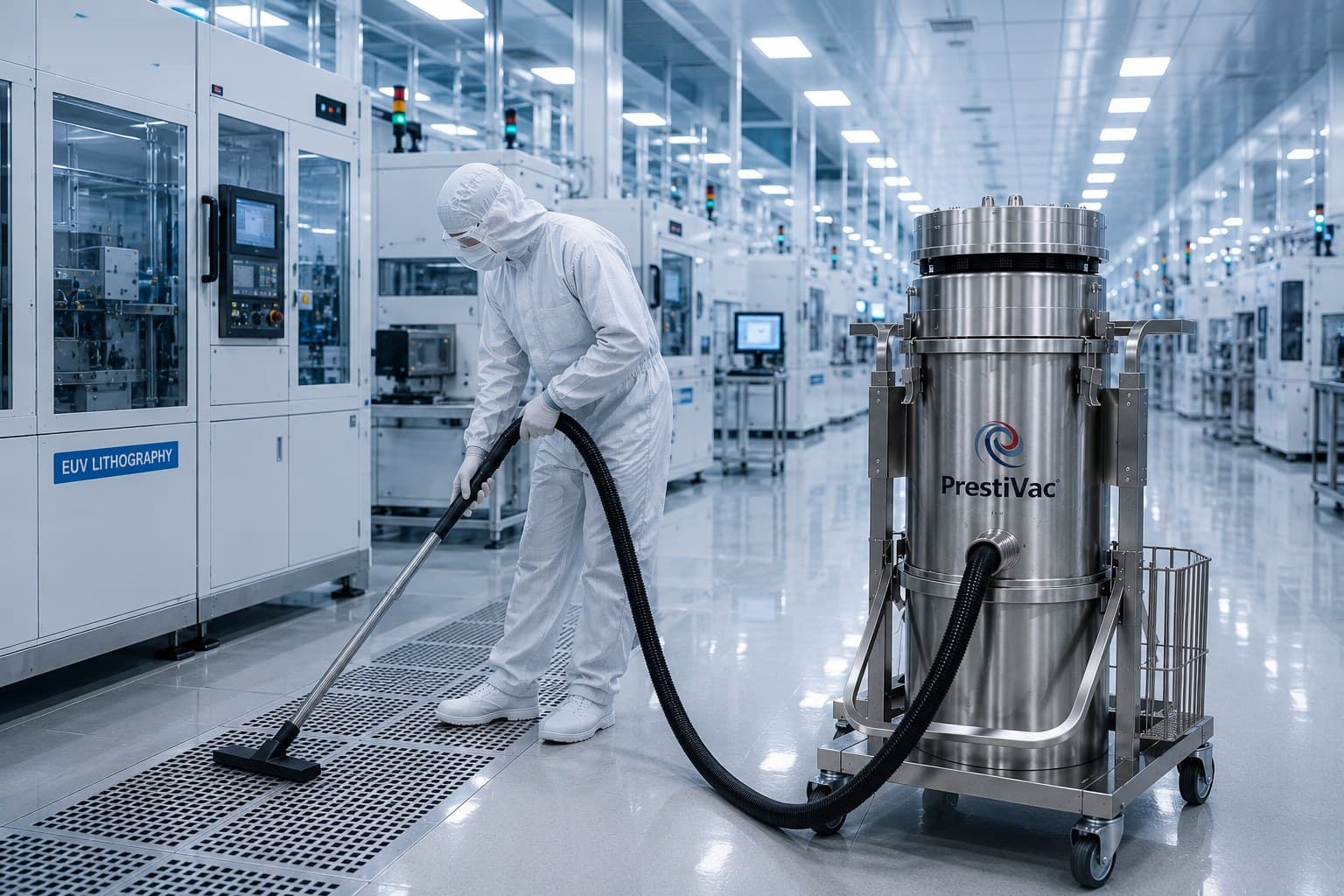 Gowned technician performing controlled dust recovery on a perforated fab floor beside lithography equipment