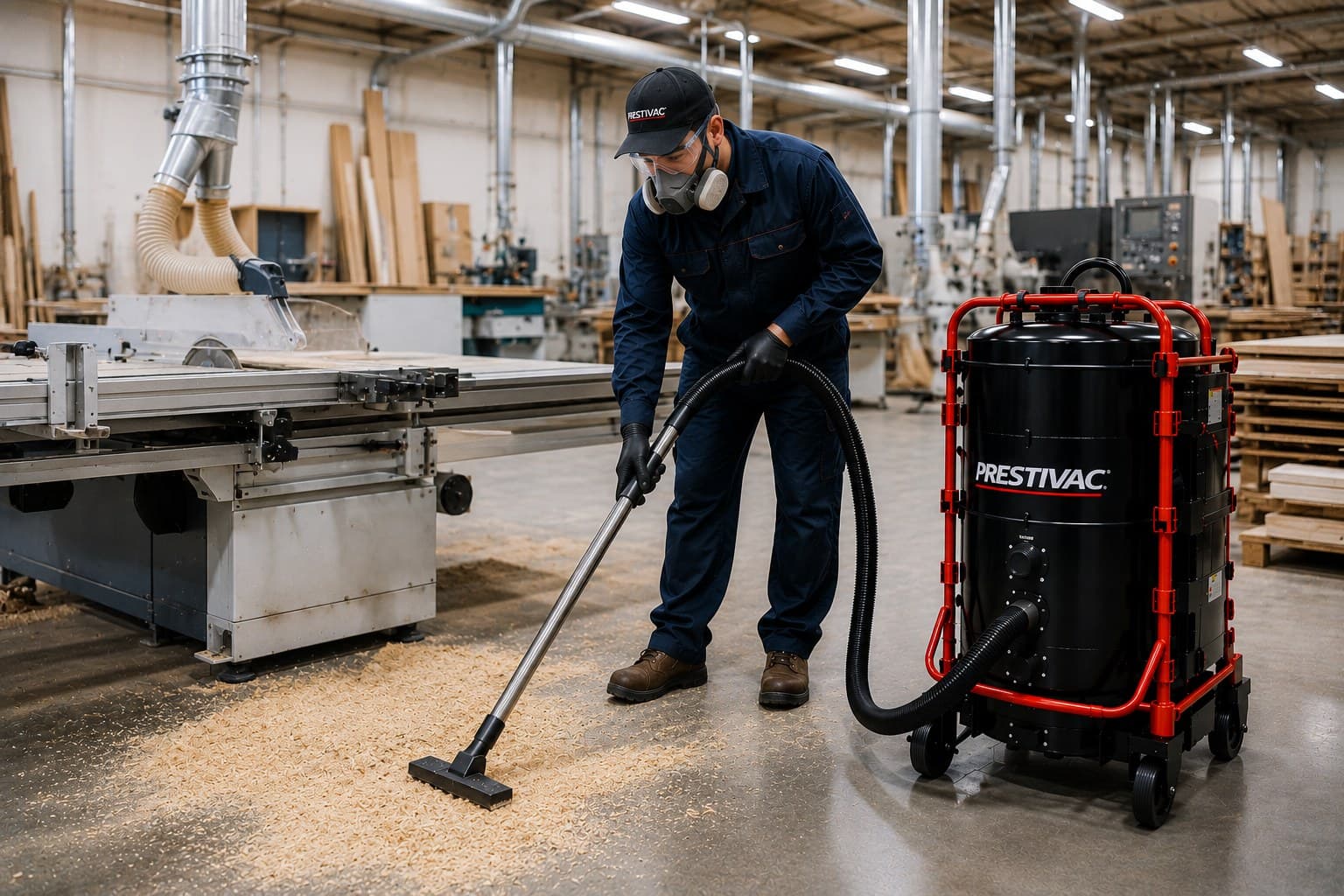 Operator vacuuming sawdust beside a panel saw in a woodworking shop