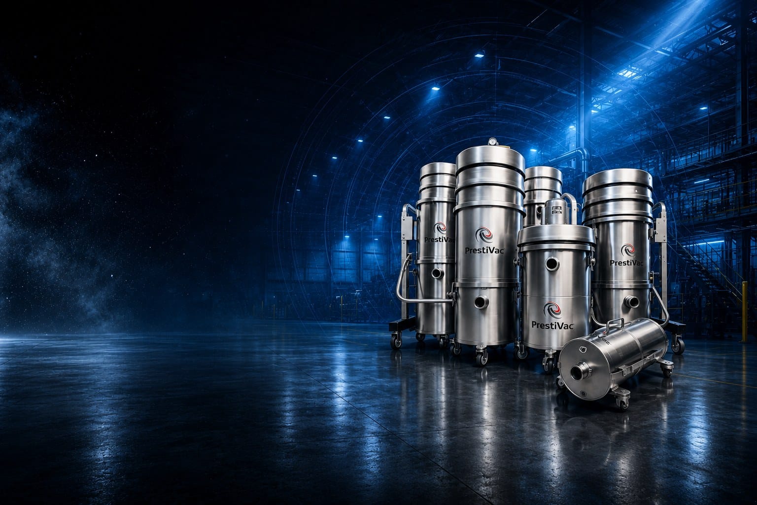 PrestiVac explosion-proof industrial vacuum systems in a manufacturing facility