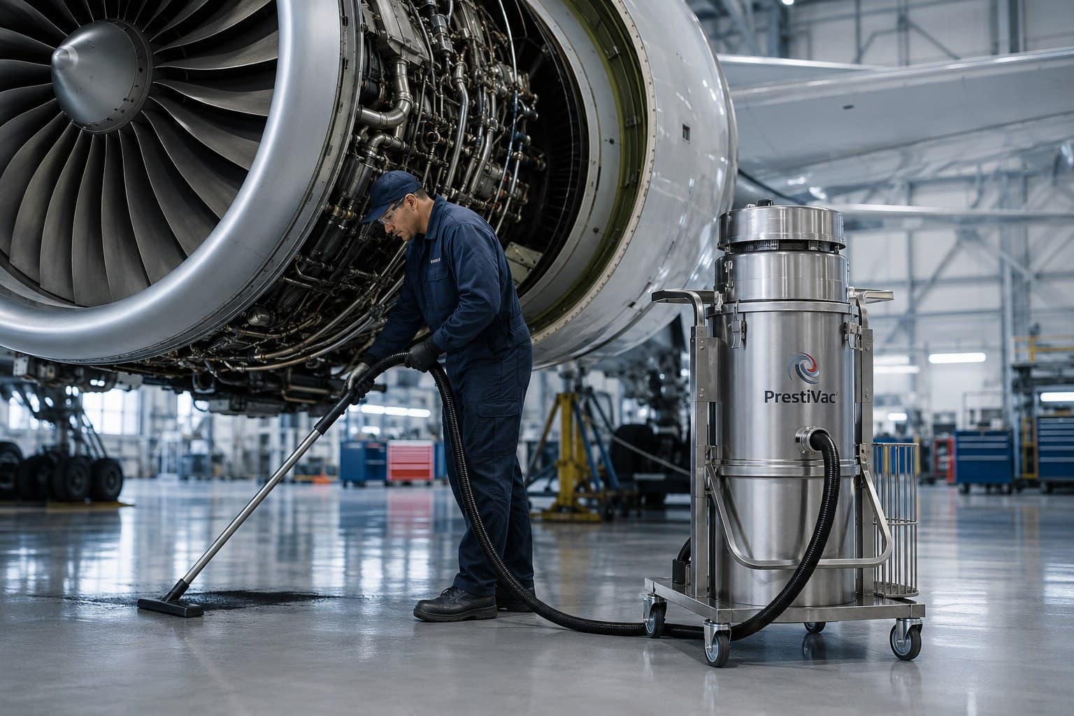 Technician vacuuming beneath a turbofan engine during aircraft maintenance
