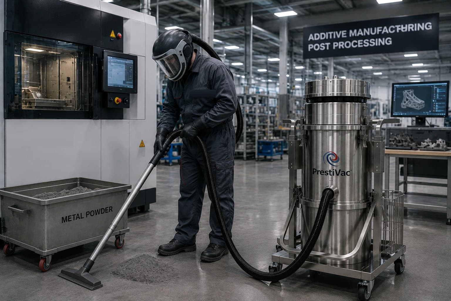 Operator with supplied-air protection recovering metal powder at an additive-manufacturing post-processing station