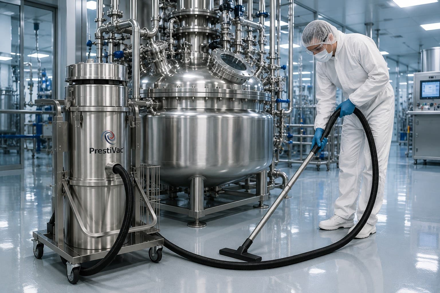 Gowned operator performing controlled recovery beside a stainless process vessel in a cleanroom