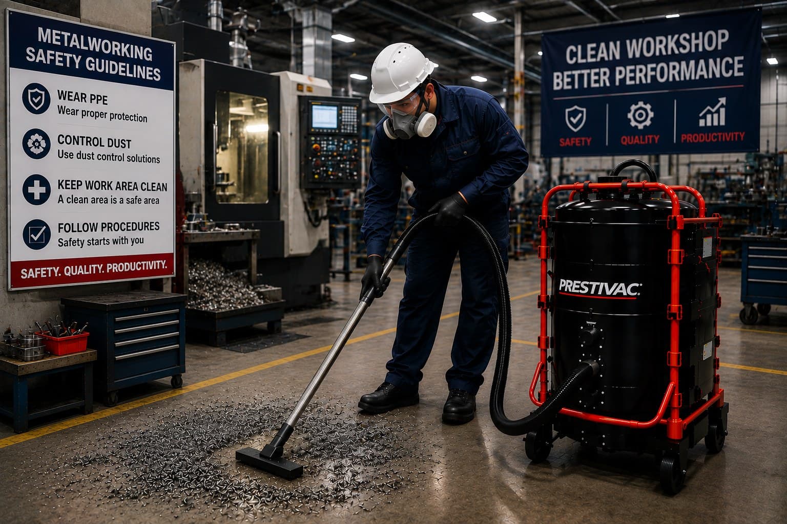 Operator vacuuming metal chips on a machine-shop floor under safety signage