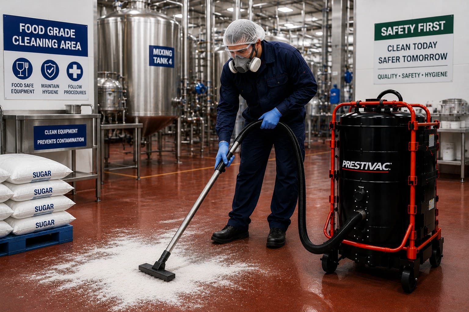Operator vacuuming spilled sugar in a food-grade processing area